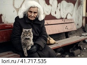 An elderly woman, a pensioner, on the street on a bench with a cat at the entrance.,  Generative AI. Стоковое AI-изображение, AI-художник Анна Кривицкая / Фотобанк Лори