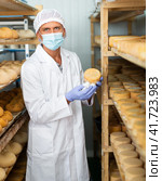 Cheesemaker checking aging process of goat cheese in maturing chamber. Стоковое фото, фотограф Яков Филимонов / Фотобанк Лори