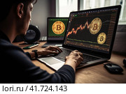 People Analyzing Cryptocurrency Trends and Making Trades on Computer Screens. Стоковое AI-изображение, AI-художник Юрий Поздников / Фотобанк Лори