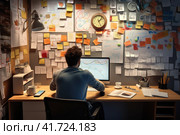 Efficient management of diverse tasks on a large screen by a smart professional multitasker. Стоковое AI-изображение, AI-художник Юрий Поздников / Фотобанк Лори