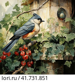 Great titmouse looking out red bird house in the garden surrounded by ivy,  Generative AI. Стоковое AI-изображение, AI-художник Анна Кривицкая / Фотобанк Лори