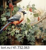 Great titmouse looking out red bird house in the garden surrounded by ivy,  Generative AI. Стоковое AI-изображение, AI-художник Анна Кривицкая / Фотобанк Лори