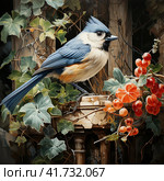 Great titmouse looking out red bird house in the garden surrounded by ivy,  Generative AI. Стоковое AI-изображение, AI-художник Анна Кривицкая / Фотобанк Лори