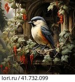 Great titmouse looking out red bird house in the garden surrounded by ivy,  Generative AI. Стоковое AI-изображение, AI-художник Анна Кривицкая / Фотобанк Лори
