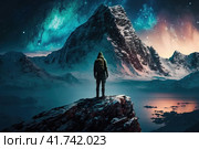 Epic winter arctic landscape. A man stands on a rock and looks into the distance at the mountains. Polar night, stars and aurora in the sky. Traveler on a hike in northern nature. Generative AI. Стоковое AI-изображение, AI-художник Андрей Степанов / Фотобанк Лори