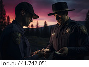 The policeman carried out a traffic stop and checks the driver's documents. Generated by AI. Стоковое AI-изображение, AI-художник Ярославский Максим / Фотобанк Лори