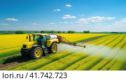 Watering, treating fields with crops with Pesticides and Herbicides on a tractor. Agricultural industry. Стоковое AI-изображение, AI-художник Ирина Ручушкина / Фотобанк Лори