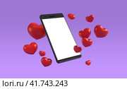 Иллюстрация мобильного телефона и множества сердечек. Концепция чата, социальных сетей и получения лайков. Поздравительная открытка ко Дню Святого Валентина. Стоковая иллюстрация, иллюстратор Юлия Мелешина / Фотобанк Лори