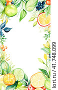 Citrus slices with green leaves and fruits on a white background. Стоковое AI-изображение, AI-художник Margarita Davchenko / Фотобанк Лори