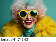 An elderly beautiful woman with bright dyed hair and sunglasses. Generated by AI. Стоковое AI-изображение, AI-художник Ярославский Максим / Фотобанк Лори
