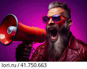 A young enraged man shouts violently into a megaphone. Purple-blue smoke on the background. Generated by AI. Стоковое AI-изображение, AI-художник Ярославский Максим / Фотобанк Лори