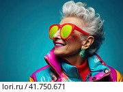 An elderly beautiful woman with bright dyed hair and sunglasses. Generated by AI. Стоковое AI-изображение, AI-художник Ярославский Максим / Фотобанк Лори