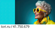 An elderly beautiful woman with bright dyed hair and sunglasses. Generated by AI. Стоковое AI-изображение, AI-художник Ярославский Максим / Фотобанк Лори