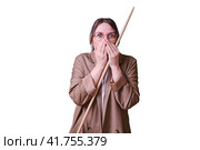 Scared woman teacher with pointer on studio isolated on a white background, copy space. Стоковое фото, фотограф Андрей Журавлев / Фотобанк Лори