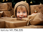 Childs face lights up with joy as they unwrap a thoughtful birthday gift, revealing pure happiness. Стоковое AI-изображение, AI-художник Юрий Поздников / Фотобанк Лори
