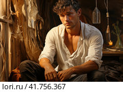 Disappointed Young Man Reflecting on Bitterness of Failed Relationship. Стоковое AI-изображение, AI-художник Юрий Поздников / Фотобанк Лори