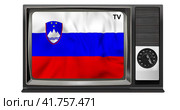 Развевающийся флаг Словении на экране старого телевизора. Waving flag of Slovenia on the screen of an old TV set, isolated in white background. 3d animation in 4k resolution video. Стоковая анимация, аниматор Александр Кузнецов / Фотобанк Лори