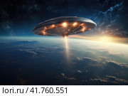 Spacecraft returning to Earth's atmosphere in a fiery reentry. Стоковое AI-изображение, AI-художник Юрий Поздников / Фотобанк Лори