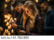 teenagers, captivated by their mobile phones, do not notice anything around them. Стоковое AI-изображение, AI-художник Margarita Davchenko / Фотобанк Лори