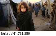 Portrait of Refugees on middle east looking at camera. Homeless people, unhappy and frightened, shawl camps,  Generative AI. Стоковое AI-изображение, AI-художник Анна Кривицкая / Фотобанк Лори