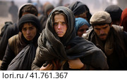 Portrait of Refugees on middle east looking at camera. Homeless people, unhappy and frightened, shawl camps,  Generative AI. Стоковое AI-изображение, AI-художник Анна Кривицкая / Фотобанк Лори