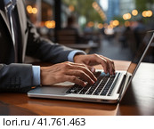 man working with laptop in cafe. Стоковое AI-изображение, AI-художник Margarita Davchenko / Фотобанк Лори
