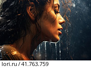 A young beautiful girl stands in the rain and smiles easily. Generated by AI. Стоковое AI-изображение, AI-художник Ярославский Максим / Фотобанк Лори