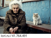 An elderly woman, a pensioner, on the street on a bench with a cat at the entrance.,  Generative AI. Стоковое AI-изображение, AI-художник Анна Кривицкая / Фотобанк Лори