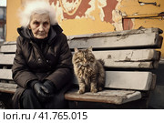 An elderly woman, a pensioner, on the street on a bench with a cat at the entrance.,  Generative AI. Стоковое AI-изображение, AI-художник Анна Кривицкая / Фотобанк Лори