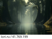 Mysterious flooded forest, gloomy bayou landscape. Стоковое AI-изображение, AI-художник Евгений Харитонов / Фотобанк Лори