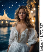 Fairytale princess against the backdrop of the starry sky and sea. Стоковое AI-изображение, AI-художник Сергей Елизарьев / Фотобанк Лори