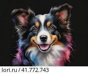 Funny Australian Shepherd (Aussie), watercolor drawing. Стоковое AI-изображение, AI-художник Сергей Елизарьев / Фотобанк Лори