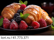 Original composition - French croissant with strawberries, almonds, mint on a plate. Light background. Restaurant, hotel, cafe, confectionery, home comfort. Стоковое AI-изображение, AI-художник Ирина Михайличенко / Фотобанк Лори