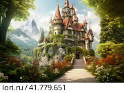 A mysterious fairytale castle, among green foliage and dense trees, on the edge of the forest. Стоковое AI-изображение, AI-художник Юрий Поздников / Фотобанк Лори