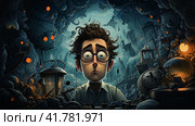 Sleep-deprived man tired from midnight work, computer developer, cartoon style  Generative AI. Стоковое AI-изображение, AI-художник Анна Кривицкая / Фотобанк Лори