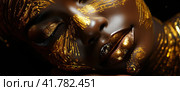 Close-up of an artistic portrait of a beauty fantastic golden professional makeup of an African woman, satin lips, drops of liquid gold paint. Generated by AI. Стоковое AI-изображение, AI-художник Ярославский Максим / Фотобанк Лори