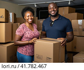 A happy family is happy to move to a new house among cardboard boxes. Стоковое AI-изображение, AI-художник Ярославский Максим / Фотобанк Лори