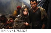 Portrait of Refugees on middle east looking at camera. Homeless people, unhappy and frightened, shawl camps,  Generative AI. Стоковое AI-изображение, AI-художник Анна Кривицкая / Фотобанк Лори