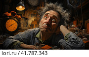 Sleep-deprived man tired from midnight work, computer developer, cartoon style  Generative AI. Стоковое AI-изображение, AI-художник Анна Кривицкая / Фотобанк Лори