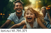 A young father and his children ride a bike in a summer park. The concept of a family holiday. Стоковое AI-изображение, AI-художник Ярославский Максим / Фотобанк Лори