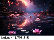 Lotuses on the lake, purple evening sunset light  Generative AI. Стоковое AI-изображение, AI-художник Анна Кривицкая / Фотобанк Лори