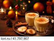 Горячий пряный гоголь-моголь, домашнее печенье с цедрой апельсина, праздничное угощение. Generative AI. Стоковое AI-изображение, AI-художник Щеголева Ольга / Фотобанк Лори