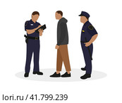 Два офицера полиции в форме и мужчина вместе на белом фоне. Стоковая иллюстрация, иллюстратор Карпенко Алексей / Фотобанк Лори
