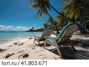 Luxury beach resort, beach loungers near the sea with white sand over sea. View of bavaro beach, punta cana, dominican republic, west indies, caribbean, central america. Стоковое AI-изображение, AI-художник Ирина Михайличенко / Фотобанк Лори