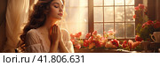 A young beautiful girl is praying near a window with flowers. Generated by AI. Стоковое AI-изображение, AI-художник Ярославский Максим / Фотобанк Лори