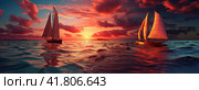 A landscape with a fabulous sunset on the sea and two sailboats. Generated by AI. Стоковое AI-изображение, AI-художник Ярославский Максим / Фотобанк Лори