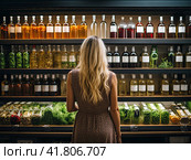 A woman who focuses on conscious consumption thoughtfully navigates the aisles of the supermarket, prioritizing nutritional value. Generated by AI. Стоковое AI-изображение, AI-художник Ярославский Максим / Фотобанк Лори
