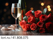 Glass of champagne and red roses,,  Generative AI. Стоковое AI-изображение, AI-художник Анна Кривицкая / Фотобанк Лори