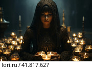 A figure in a black cloak with a hood surrounded by candles, ritual,  Generative AI. Стоковое AI-изображение, AI-художник Анна Кривицкая / Фотобанк Лори