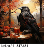 A black raven sits on the table by the window,  Generative AI. Стоковое AI-изображение, AI-художник Анна Кривицкая / Фотобанк Лори